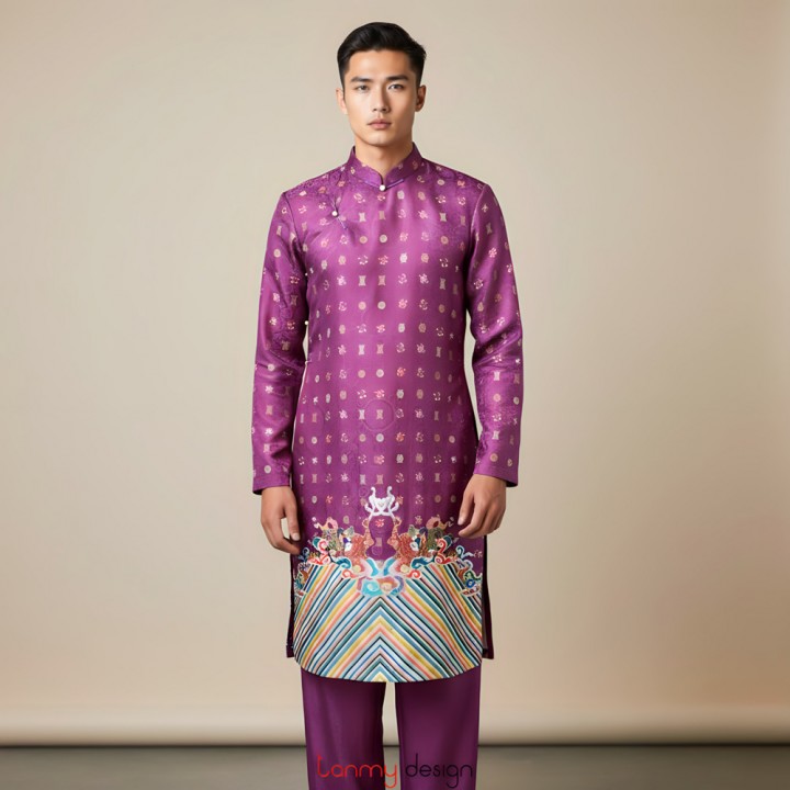 Áo dài nam vải in màu tím M